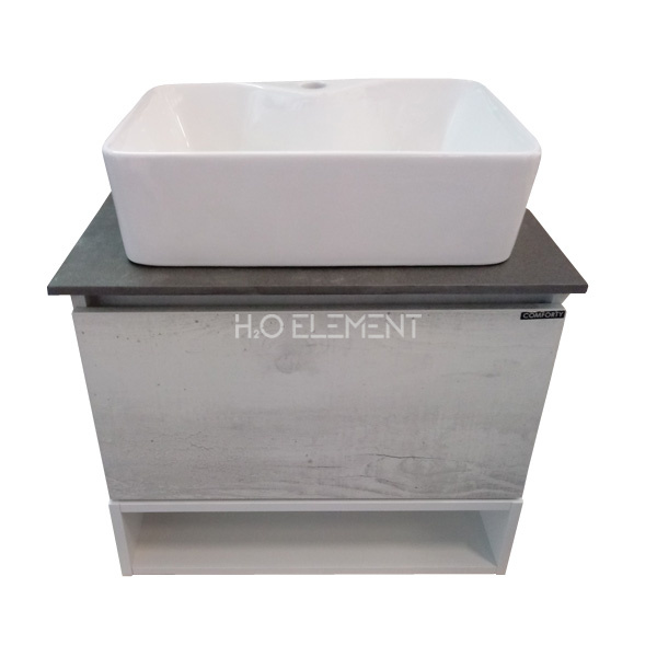 Тумба-умывальник Comforty "Прага-60" дуб белый с серой столешницей, с раковиной Comforty PZ-6068