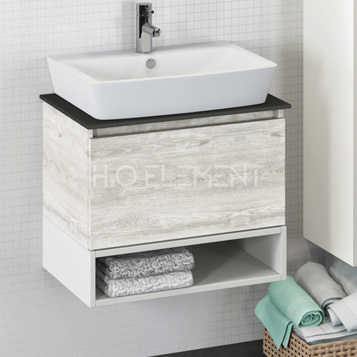 Тумба-умывальник Comforty "Прага-60" дуб белый с серой столешницей, с раковиной Comforty 9055RA-50