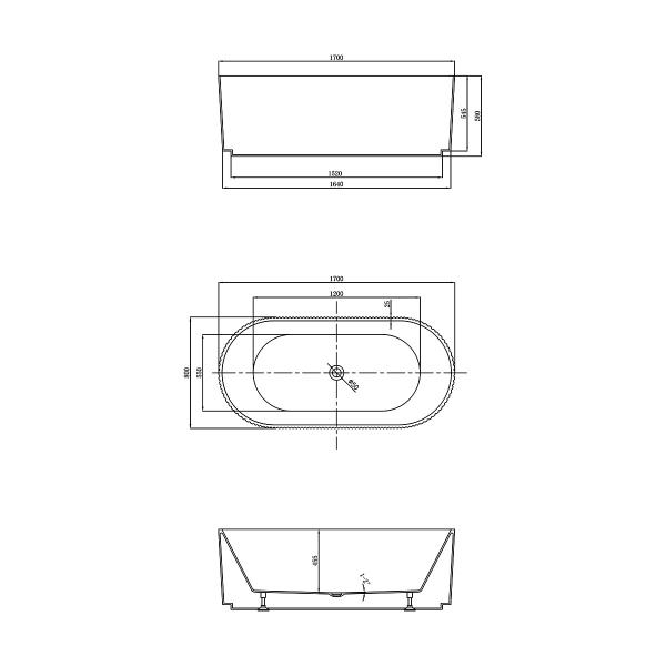 Ванна акриловая Vincea VBT-426-1700 1700*800*580, цвет белый, щелевой перелив, слив хром
