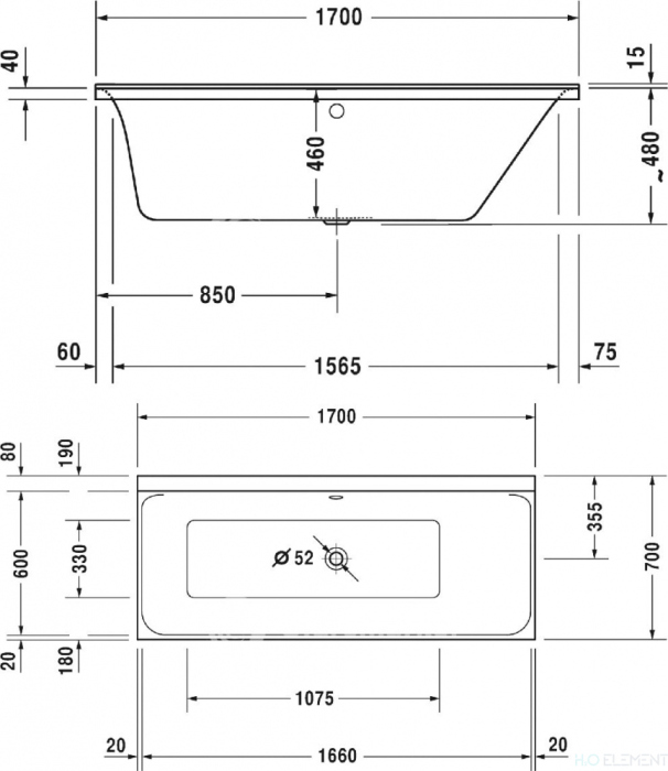 Акриловая ванна Duravit P3 Comforts 700374 170х70 см