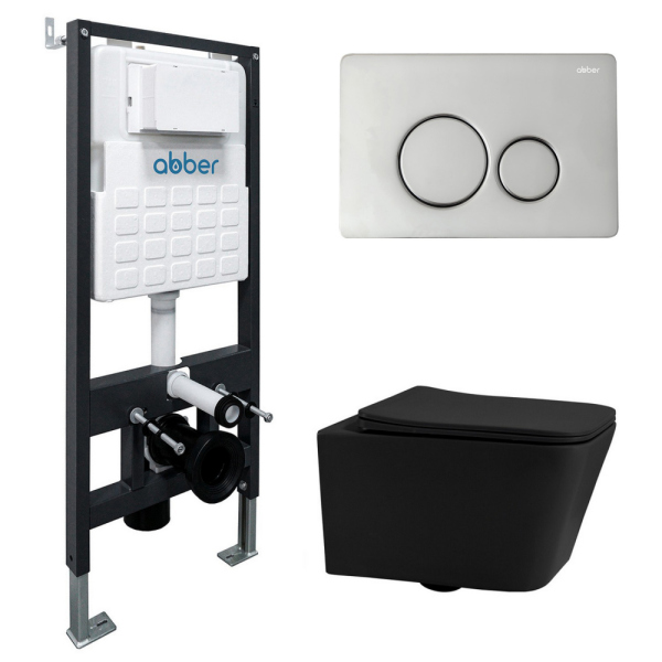 Комплект подвесной унитаз ABBER Rechteck черный матовый с инсталляцией и кнопкой хром