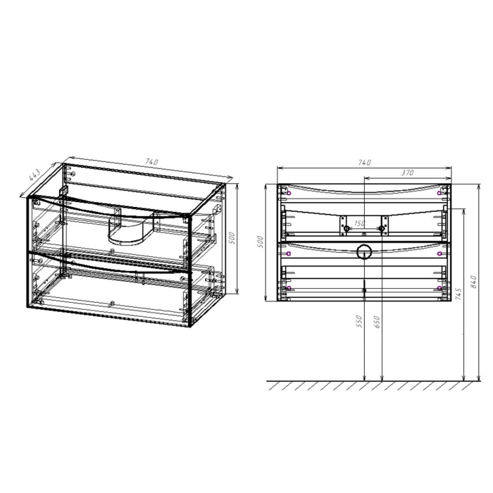 Тумба с раковиной Vincea Mia 750 подвесная, 2 выкатных ящика soft close, R.Wood, VMC-2MA750RW+VCB-3M750W