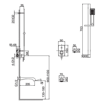 Комплект для ванны: Смеситель инсталляция, штанга, ручной душ (золото) Caprigo, 50-210-oro