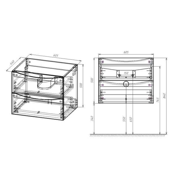 Тумба с раковиной Vincea Mia 600 подвесная, 2 выкатных ящика soft close, G.White, VMC-2MC600GW+VBS-13960MA