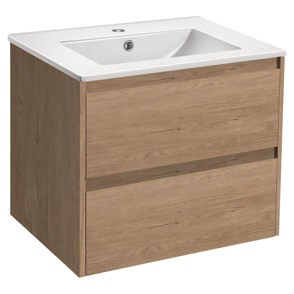 Тумба с раковиной Vincea Gio 600 подвесная, 2 выкатных ящика soft-close, N.Oak, VMC-2G600NO+VBS-13960MB