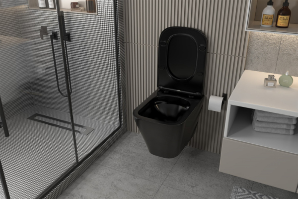 Комплект подвесной унитаз ABBER Rechteck черный матовый с инсталляцией и кнопкой хром