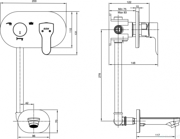 Смеситель E.C.A. Star 102101140 С ВНУТРЕННЕЙ ЧАСТЬЮ, для ванны с душем