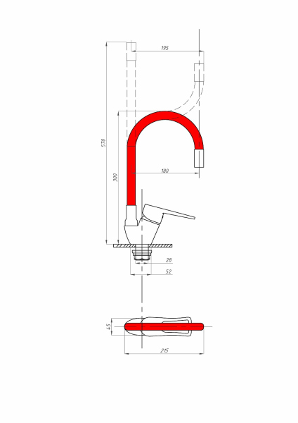 Смеситель для кухни FAUZT FZs-833-R129 гибкий излив тип См-МОЦБА Красный