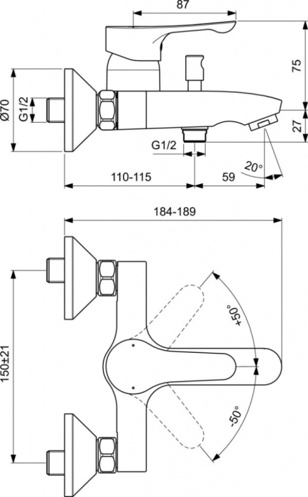 Смеситель Ideal Standard Dot 2.0 BC326AA для ванны с душем