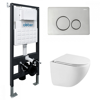 Комплект подвесной унитаз ABBER Bequem белый, с закрытым дном, инсталляцией и кнопкой хром глянцевый