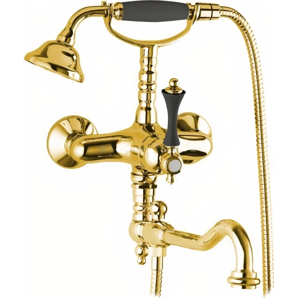 MARGOT-VDFM2-03/24-N Смеситель для ванны с поворотным изливом и ручным душем, золото, ручка чёрная
