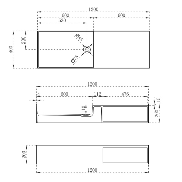 Раковина из искусственного камня Vincea VWB-6S112MW, 1200*400*200, подвесная, цвет белый матовый
