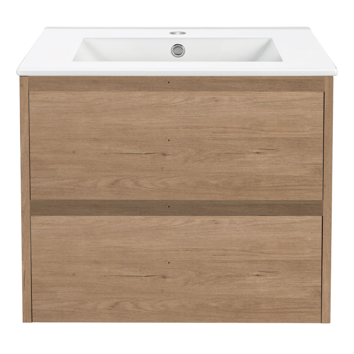 Тумба с раковиной Vincea Gio 600 подвесная, 2 выкатных ящика soft-close, N.Oak, VMC-2G600NO+VBS-13960