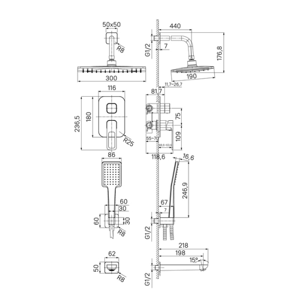 Душевая система с тропическим душем, ручным душем и изливом IDDIS Slide (SLISB03i68)