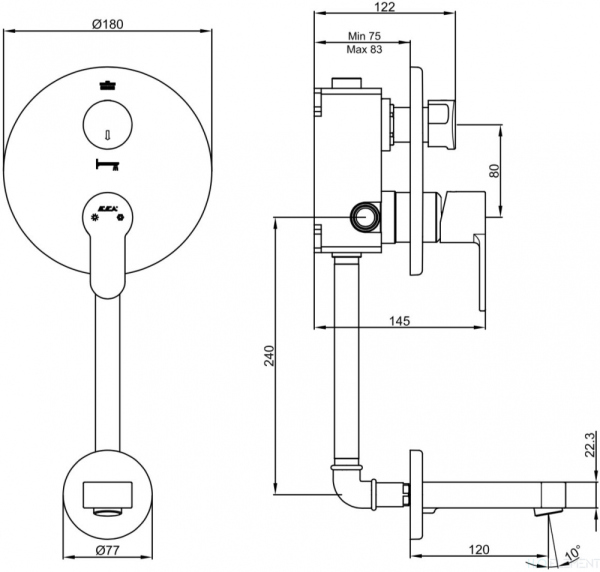 Смеситель E.C.A. Nita 102101147 С ВНУТРЕННЕЙ ЧАСТЬЮ, для ванны с душем