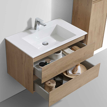 Тумба с раковиной Vincea Luka 800 подвесная, 2 выкатных ящика soft-close, N.Oak, VMC-2L800NO+VCB-13800W