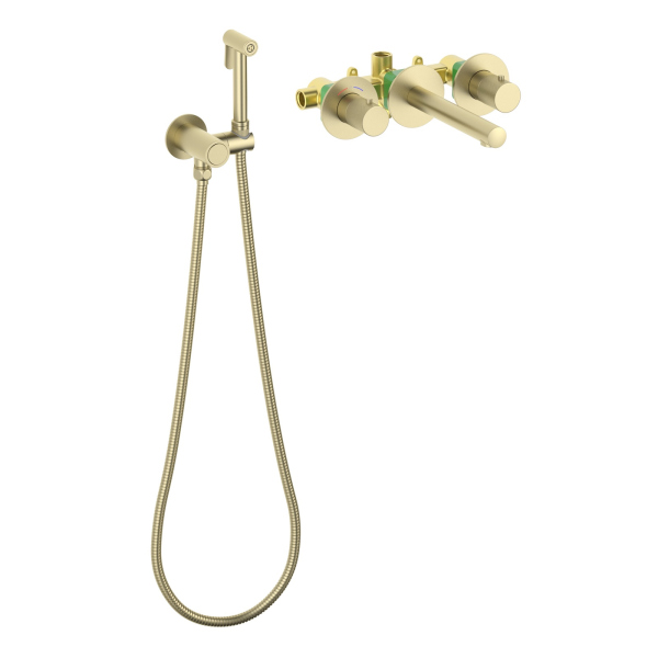 Смеситель для раковины встроенный, с гигиеническим душем Timo Saona золото матовое (2383/17SM)