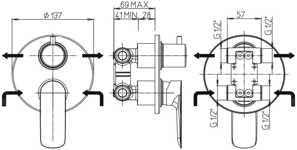 Смеситель Paini Nove 09CR6911 С ВНУТРЕННЕЙ ЧАСТЬЮ, для ванны с душем
