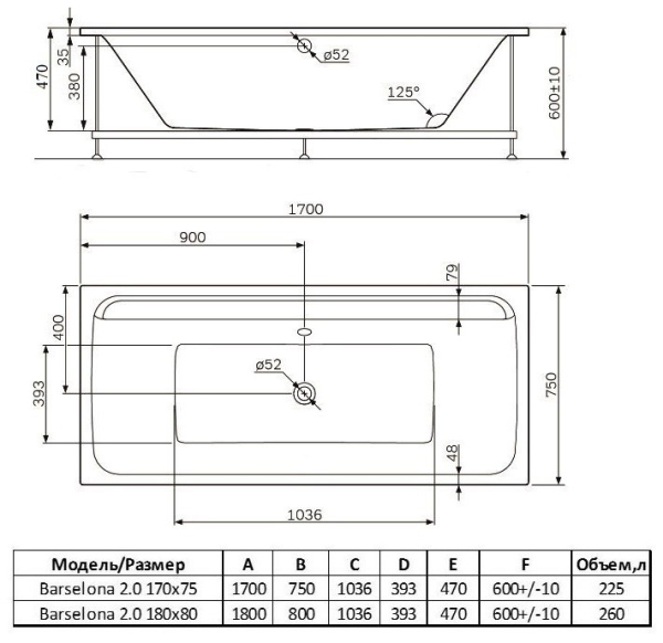 ВПР0320200100 BARSELONA 2.0 Ванна прямоугольная 170х75 белая ALBA SPA