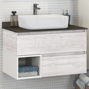 Тумба-умывальник Comforty "Прага-75" дуб белый с серой столешницей, с раковиной Comforty T-Y9378