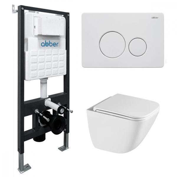 Комплект подвесной унитаз ABBER Rechteck белый, с закрытым дном, инсталляцией, кнопкой белая мат