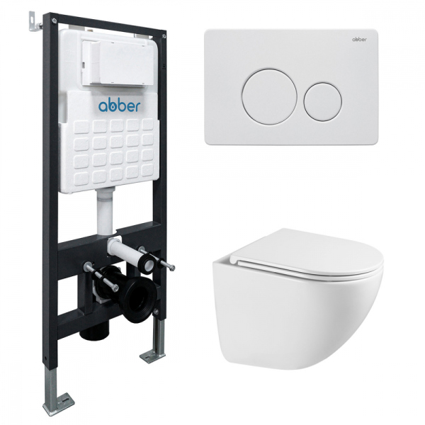Комплект подвесной унитаз ABBER Bequem белый, с закрытым дном с инсталляцией и кнопкой белая матовая