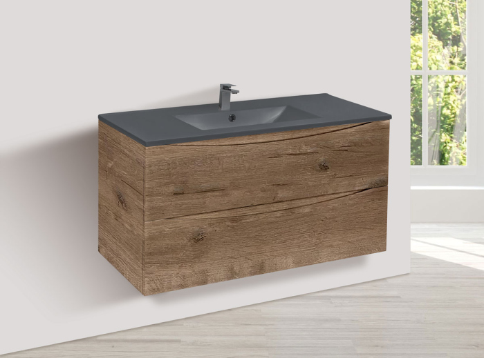 Тумба с раковиной Vincea Mia 1000 подвесная, 2 выкатных ящика soft close, V.Oak, VMC-2MC100VO+VBS-13100MA