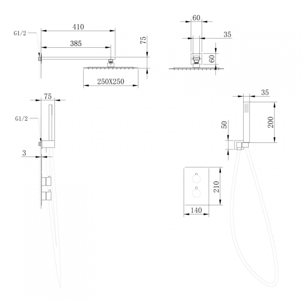 Душевая система ABBER Weiss Insel AF8051B скрытого монтажа без излива, термостат, черная матовая