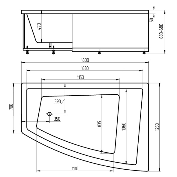 Акриловая ванна Акватек Оракул R, вклеенный каркас