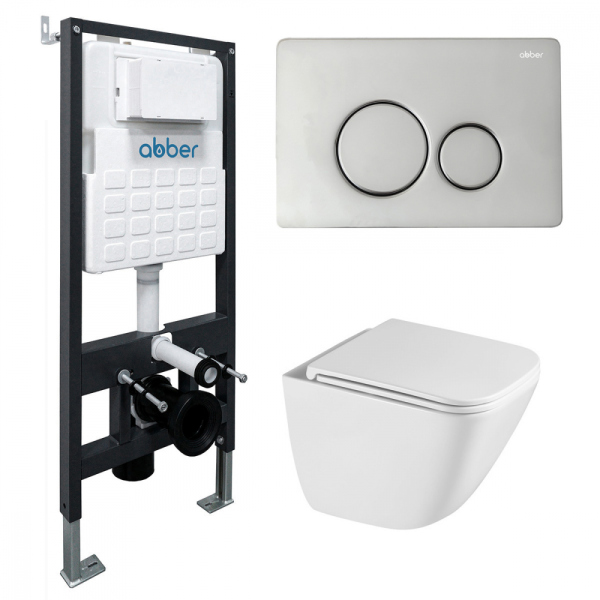 Комплект подвесной унитаз ABBER Rechteck белый, с закрытым дном, инсталляцией, кнопкой хром глянец