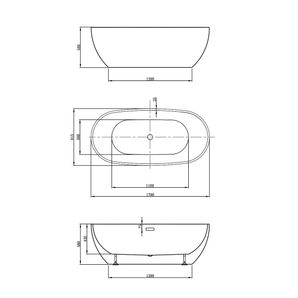 Ванна акриловая Vincea VBT-408-1700 1700*815*580, цвет белый, щелевой перелив, слив хром