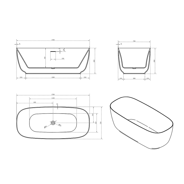 Ванна акриловая Vincea VBT-631, 1700*750*600, цвет белый, слив-перелив в комплекте, белый