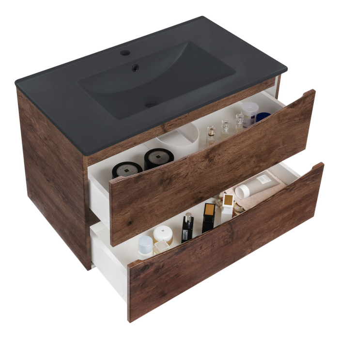 Тумба с раковиной Vincea Mia 750 подвесная, 2 выкатных ящика soft close, R.Wood, VMC-2MC750RW+VBS-13975MB