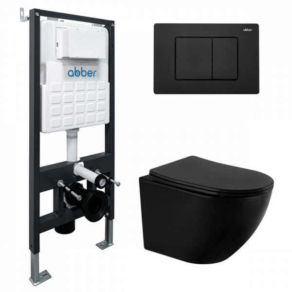 Комплект подвесной унитаз ABBER Bequem черный с инсталляцией и кнопкой, черная матовая