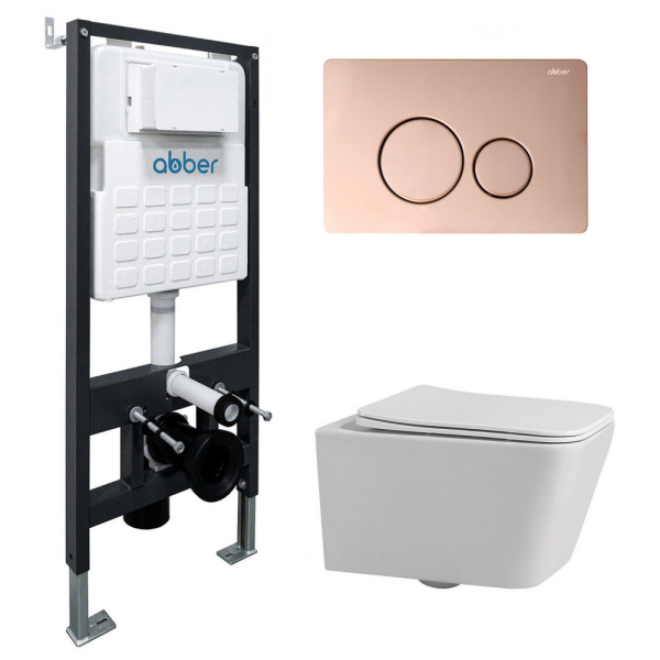 Комплект подвесной унитаз ABBER Rechteck белый с инсталляцией и кнопкой золото розовое