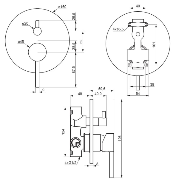 Смеситель для ванны и душа, монтируемый в стену Damixa Scandinavian Pure, 367100000