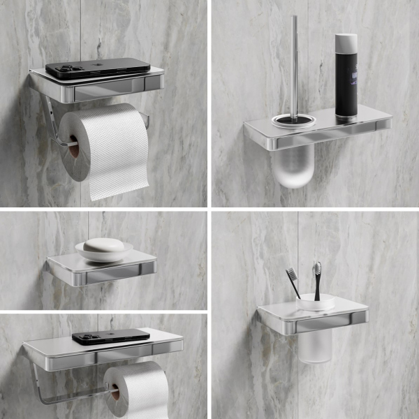 Ершик для унитаза Lemark GLASS LINE с держателем и полкой, хром/белое стекло (9761031)