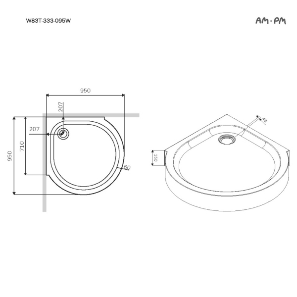 Душевой поддон, 95x95 см AM.PM Like, W83T-333-095W