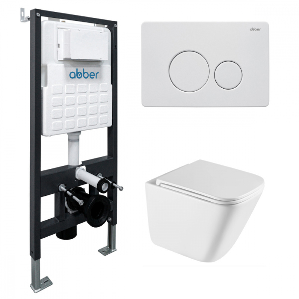 Комплект подвесной унитаз ABBER Rechteck белый, с закрытым дном, инсталляцией, кнопкой белая мат
