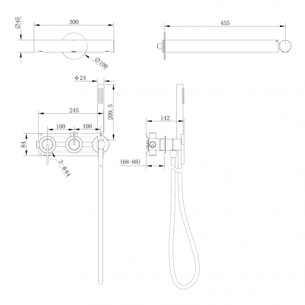 Душевая система ABBER Perfekte 316 AF8A18BST скрытого монтажа без излива, сталь брашированная