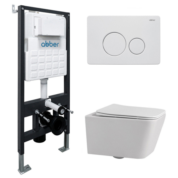 Комплект подвесной унитаз ABBER Rechteck белый с инсталляцией и кнопкой белая матовая