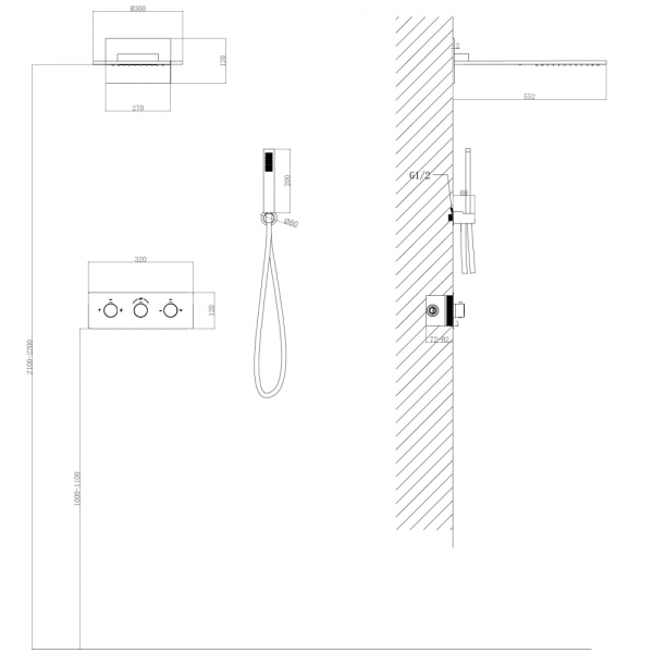 Душевая система ABBER Wasser Kreis AF8151B скрытого монтажа без излива, термостат, черная матовая