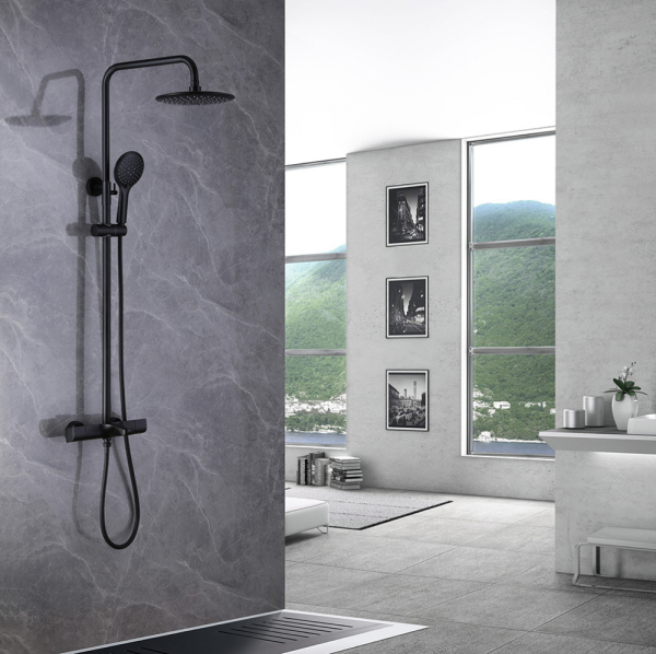 Душевая стойка ABBER Thermostat AF8516BL с термостатом и изливом, черный матовый