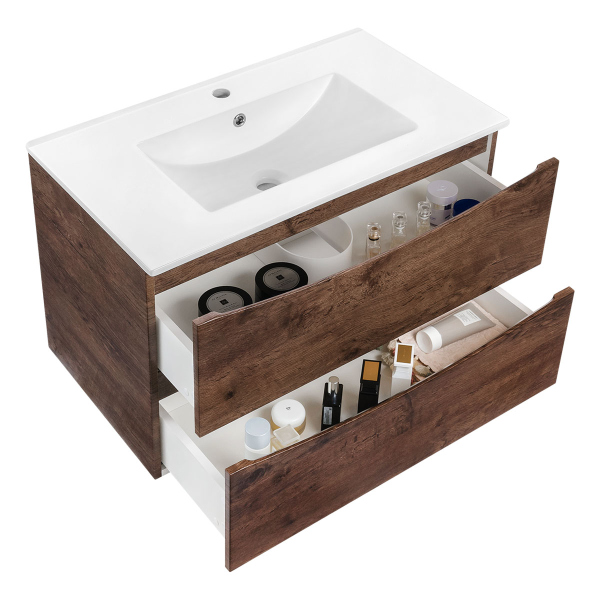 Тумба с раковиной Vincea Mia 750 подвесная, 2 выкатных ящика soft close, R.Wood, VMC-2MC750RW+VBS-13975