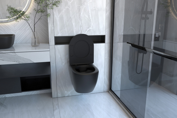 Комплект подвесной унитаз ABBER Bequem черный с инсталляцией и кнопкой, черная матовая