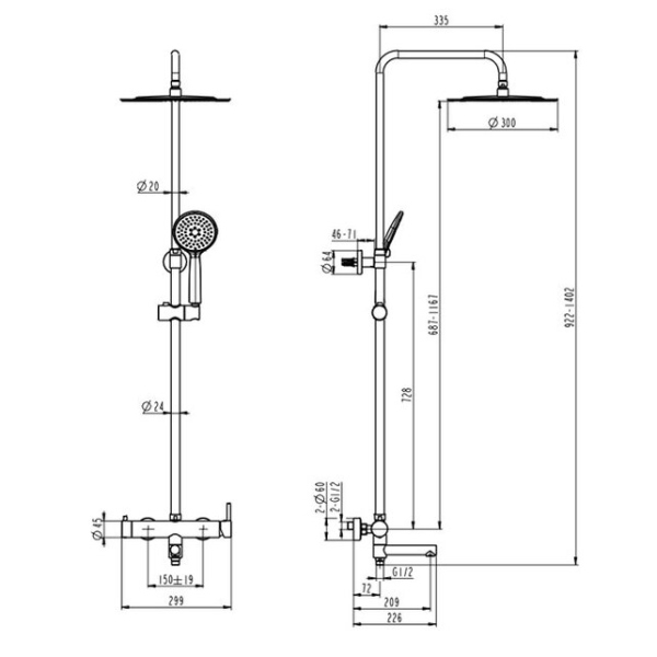 Комплект для ванны-Смеситель с колонной, тропич/ручн.душ (хром) Caprigo, 53-315-crm