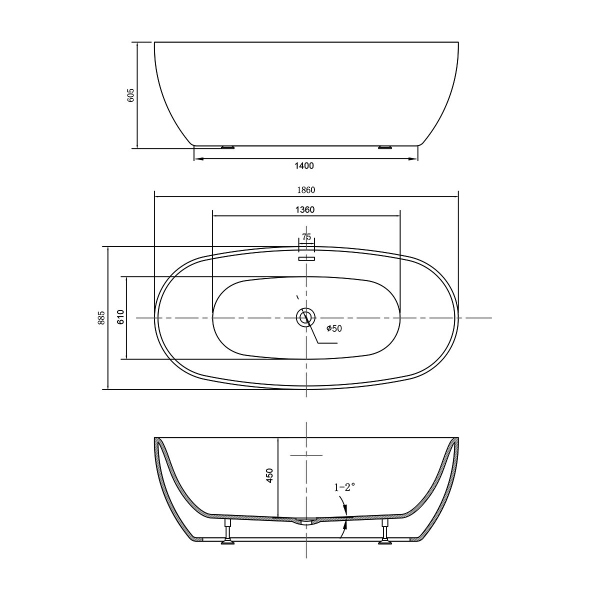 Ванна акриловая Vincea VBT-405-1860, 1860*885*605, цвет белый, щелевой перелив, слив хром