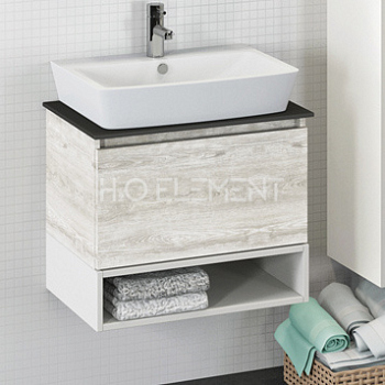 Тумба-умывальник Comforty "Прага-60" дуб белый с серой столешницей, с раковиной Comforty 9055RA-50