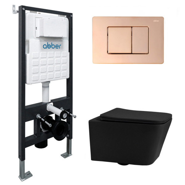Комплект подвесной унитаз ABBER Rechteck черный матовый с инсталляцией и кнопкой золото розовое