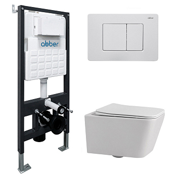 Комплект подвесной унитаз ABBER Rechteck белый с инсталляцией и кнопкой белая матовая